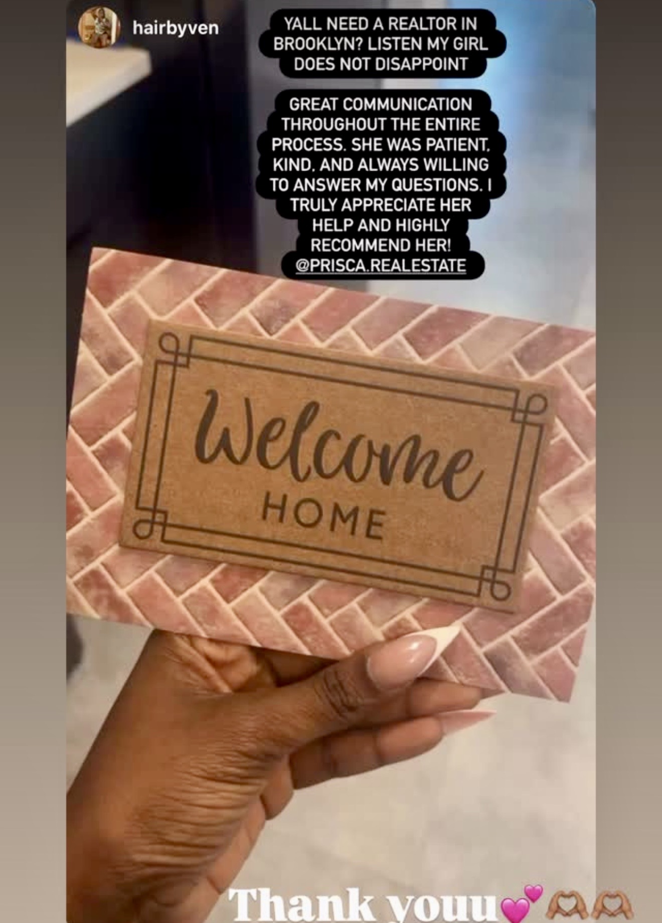 Instagram client feedback recommending Prisca for her communication, patience, kindness, and willingness to answer questions, above a pink welcome-home gift